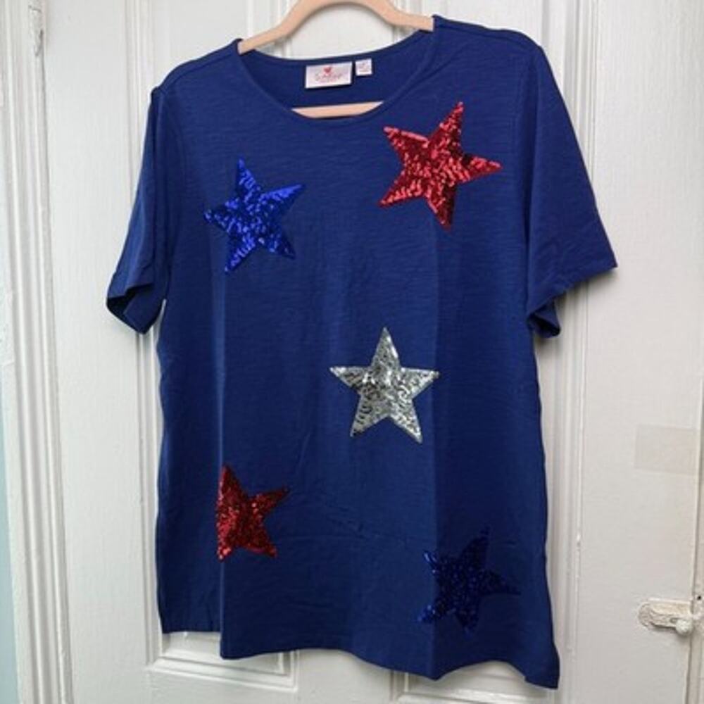 Quacker Factory Patriotic Sequin Short Sleeve Top Blue Womens Large NWOT